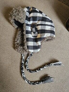American Eagle Black White Plaid Trapper Hat Faux Fur Bottle Opener S-M Unisex